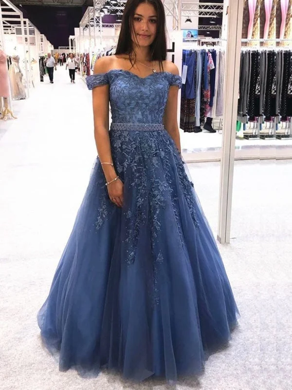 evening dress with plunging neckline-Off Shoulder Appliques Blue Lace Long Prom 2020, Off Shoulder Blue Formal, Blue Lace Evening