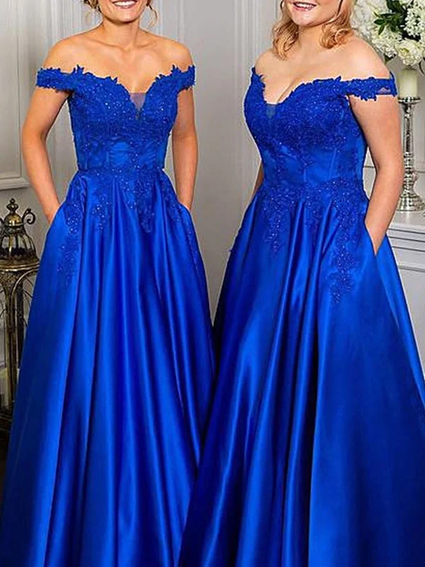 draped evening gown-Off Shoulder Beaded Royal Blue Lace Long Prom Dresses, Royal Blue Lace Formal Graduation Evening Dresses