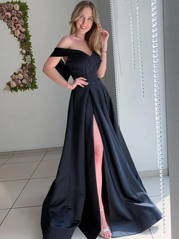 lace evening dress-Off Shoulder Black Satin Long Prom with High Slit, Black Formal Graduation Evening