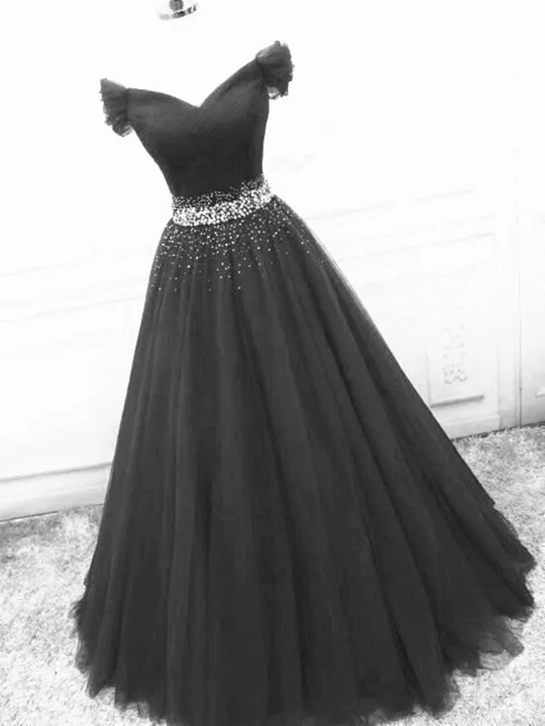 evening dress with shawl-Off Shoulder Black Tulle Long Prom Dresses with Sequins, Off the Shoulder Black Formal Evening Dresses, Black Ball Gown