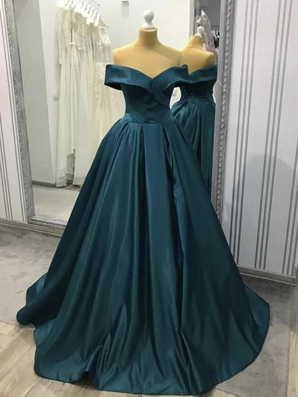 asymmetrical evening gown-Off Shoulder Blue-Green Long Prom Dresses, Off Shoulder Green Formal Evening Dresses, Off Shoulder Prom