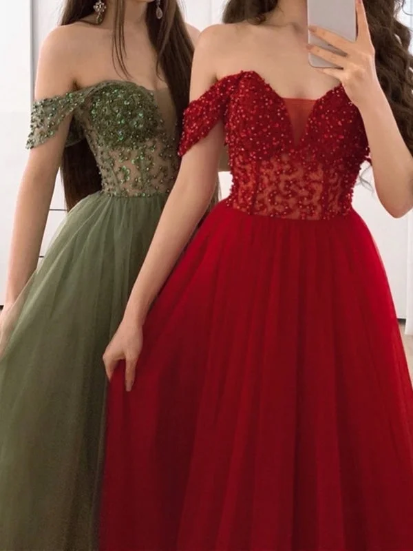 evening gown for special occasions-Off Shoulder Burgundy/Green Beaded Sequins Long Prom, Off the Shoulder Wine Red Formal, Green Evening