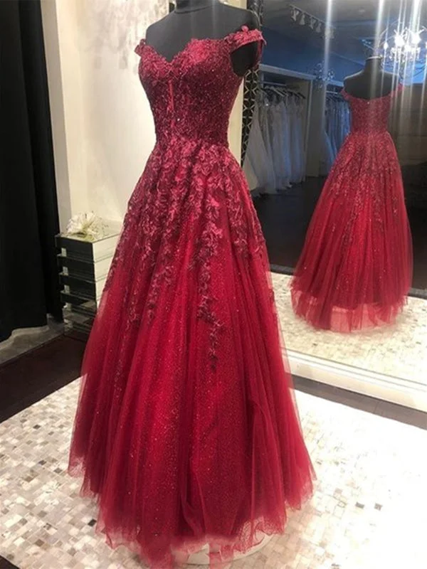 metallic evening gown-Off Shoulder Burgundy Lace Long Prom Dresses, Off the Shoulder Burgundy Formal Dresses, Burgundy Evening Dresses