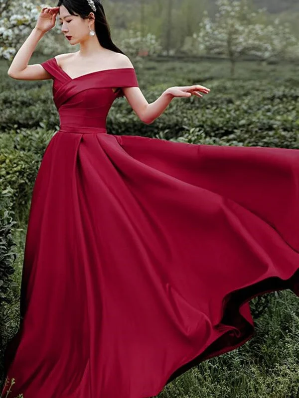 classic black evening gown-Off Shoulder Burgundy Satin Long Prom, Off the Shoulder Burgundy Formal Evening