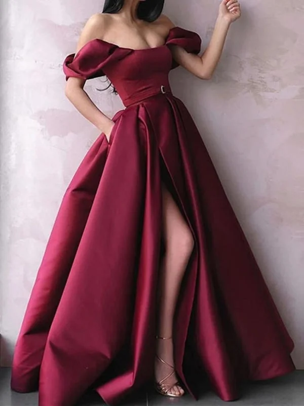 high neck formal evening gown-Off Shoulder Burgundy Satin Long Prom Dresses with High Slit, Burgundy Formal Graduation Evening Dresses, Wine Red Ball