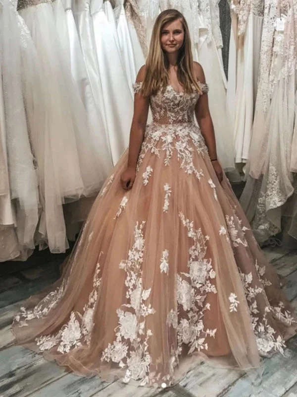 draped evening gown-Off Shoulder Champagne Lace Long Prom Dresses, Champagne Lace Formal Dresses, Champagne Evening Dresses