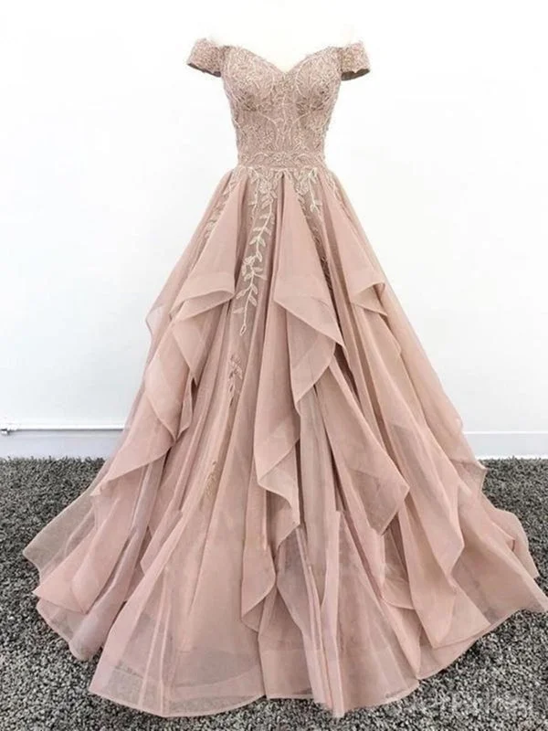 elegant evening gown with beads-Off Shoulder Champagne Lace Long Prom, Off the Shoulder Champagne Formal, Champagne Lace Evening