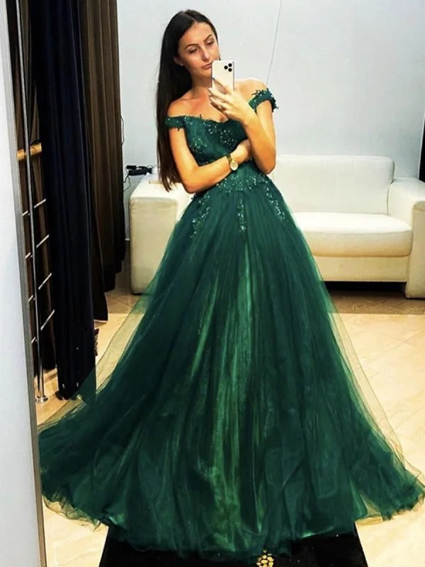 elegant evening gown with beads-Off Shoulder Dark Green Lace Long Prom, Dark Green Lace Formal Graduation Evening