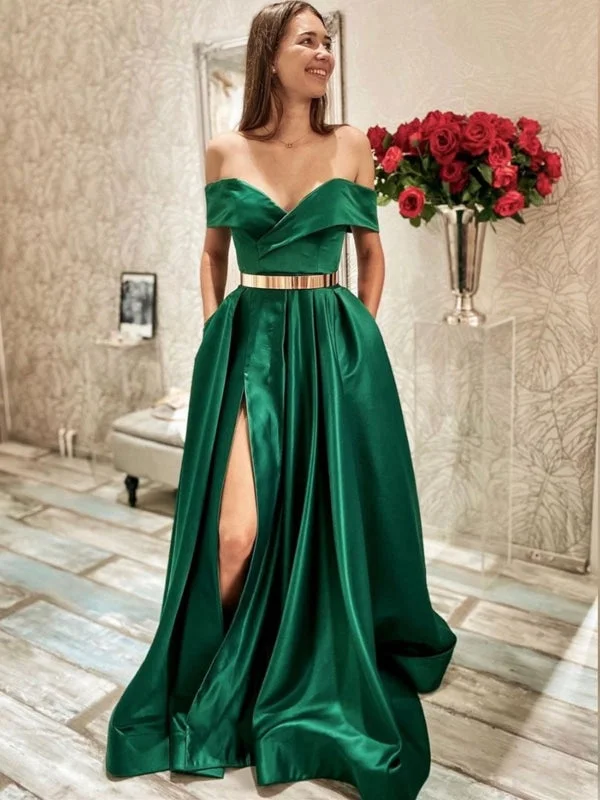 elegant lace overlay evening gown-Off Shoulder Green Satin Long Prom Dresses with High Slit, Green Formal Graduation Evening Dresses with Belt