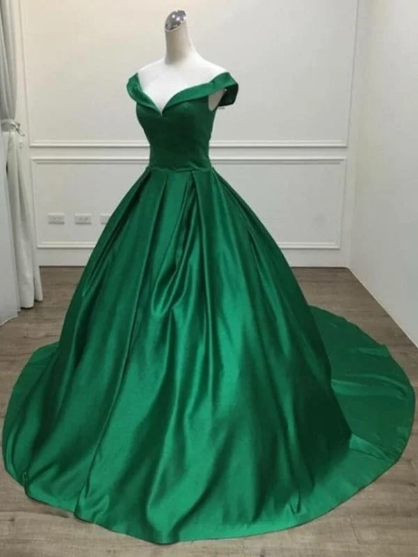 asymmetrical evening gown-Off Shoulder Green Satin Long Prom Dresses with Train, Off the Shoulder Green Formal Evening Dresses