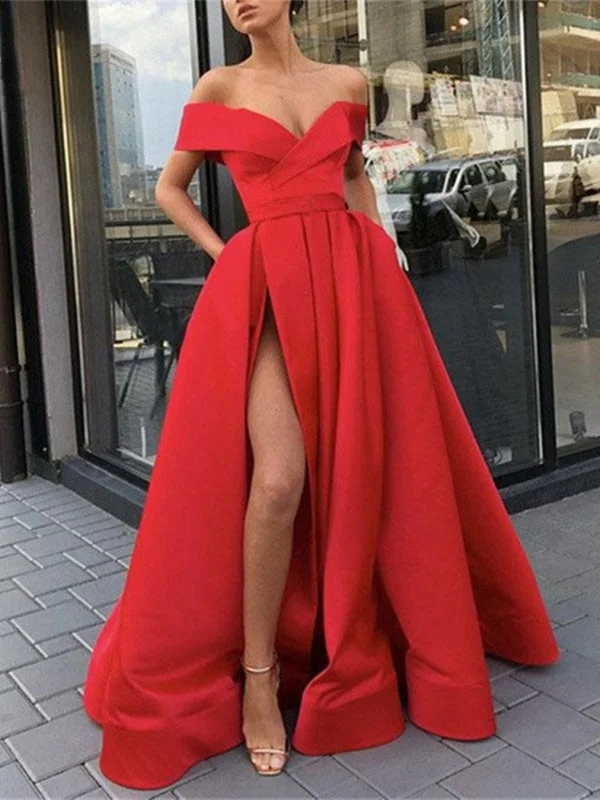 elegant cocktail evening dress-Off Shoulder High Slit Red Long Prom, Off the Shoulder Formal, Red Evening