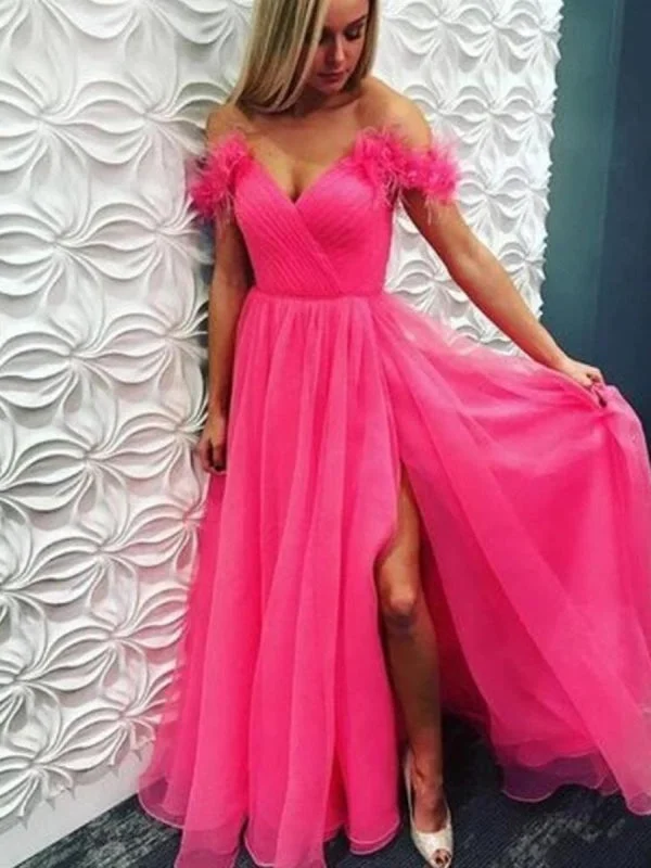 shimmering evening gown-Off Shoulder Hot Pink Long Prom with Slit, Hot Pink Off Shoulder the Long Formal Evening