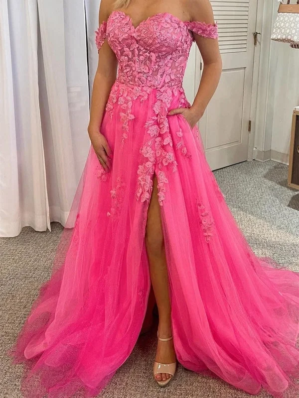 sophisticated evening dress-Off Shoulder Hot Pink Tulle Lace Long Prom Dresses with High Slit, Hot Pink Lace Formal Graduation Evening Dresses