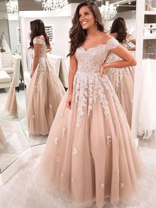 evening dress with plunging neckline-Off Shoulder Lace Long Champagne Prom, Off Shoulder Champagne Formal, Lace Champagne Evening