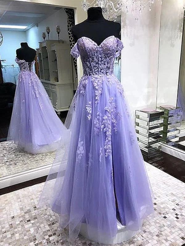 beaded bodice evening gown-Off Shoulder Lavender Lace Long Prom Dresses, Lilac Lace Formal Dresses, Purple Evening Dresses