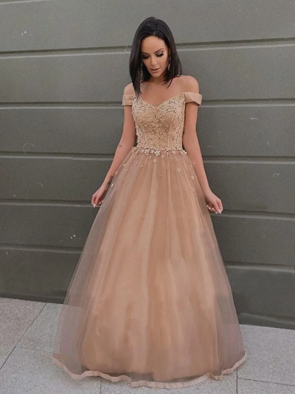 off-the-shoulder evening gown-Off Shoulder Long Champagne Tulle Lace Prom, Off the Shoulder Champagne Formal, Champagne Lace Evening