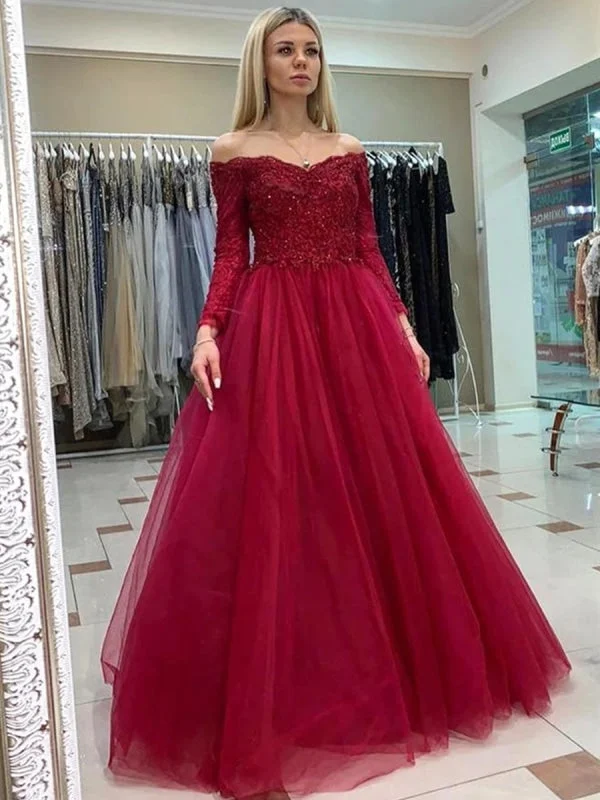 evening dress with bow detail-Off Shoulder Long Sleeves Burgundy Lace Prom, Long Sleeves Burgundy Lace Formal, Burgundy Lace Evening