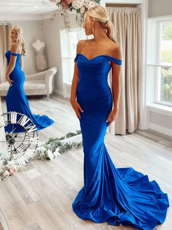 beaded bodice evening gown-Off Shoulder Mermaid Blue Long Prom Dresses, Mermaid Blue Formal Dresses, Blue Evening Dresses