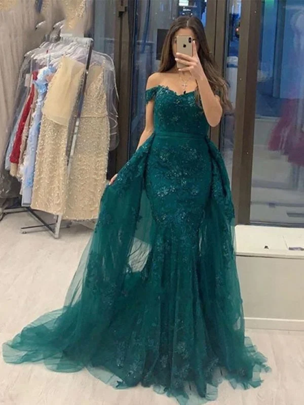 elegant evening dress with sleeves-Off Shoulder Mermaid Green Lace Long Prom Dresses, Mermaid Green Lace Formal Dresses, Green Lace Evening Dresses