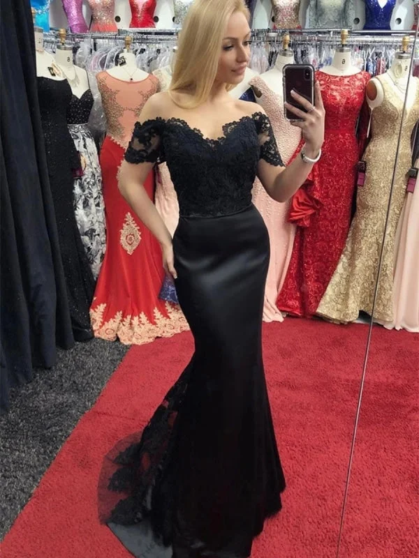 mermaid evening gown-Off Shoulder Mermaid Lace Black Long Prom, Off Shoulder Black Lace Formal, Mermaid Black Lace Evening