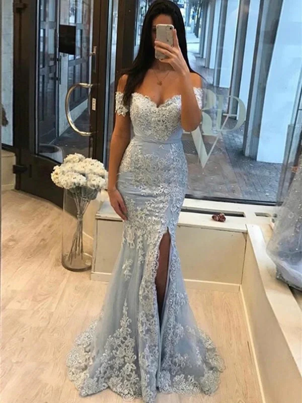 evening dress with crystals-Off Shoulder Mermaid Light Blue Lace Long Prom, Off Shoulder Light Blue Formal, Mermaid Light Blue Evening