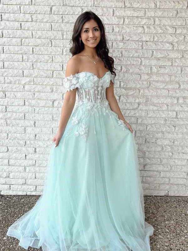 sheer sleeve evening gown-Off Shoulder Mint Green Tulle Lace Floral Long Prom Dresses, Mint Green Formal Graduation Evening Dresses with Appliques