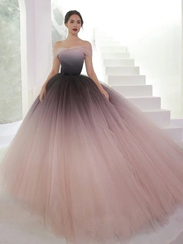 formal red evening dress-Off Shoulder Ombre Tulle Long Prom Gown, Ombre Tulle Formal Prom Evening