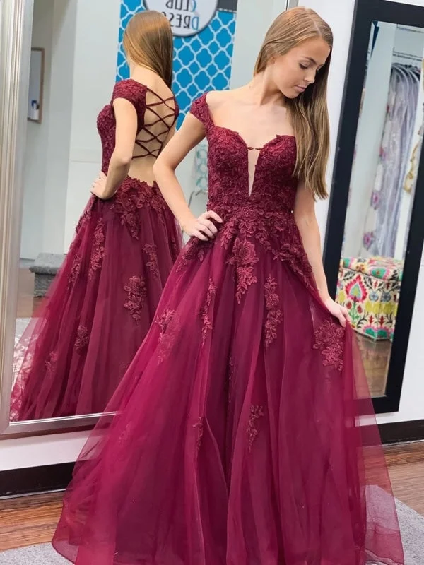 evening dress with shawl-Off Shoulder Open Back Burgundy Lace Prom 2020, Cap Sleeves Maroon Lace Formal, Burgundy Lace Evening