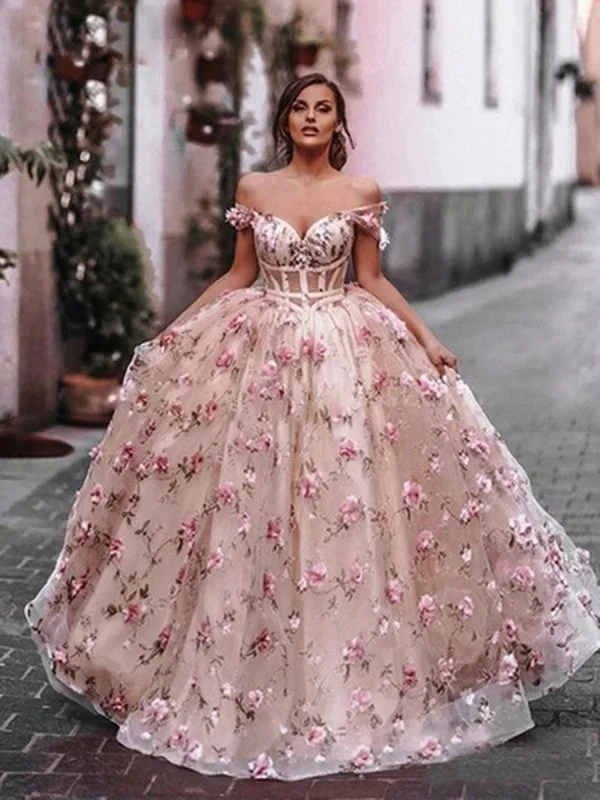 tulle evening gown-Off Shoulder Pink Floral Long Prom, Off the Shoulder Pink Formal, Pink Evening