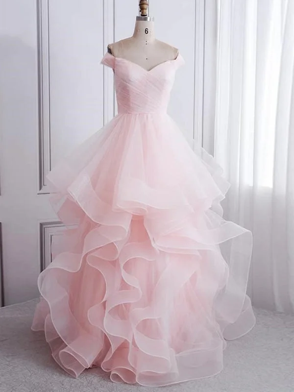 evening dress with ruffles-Off Shoulder Pink Long Prom Dresses, Fluffy Pink Formal Evening Dresses, Ball