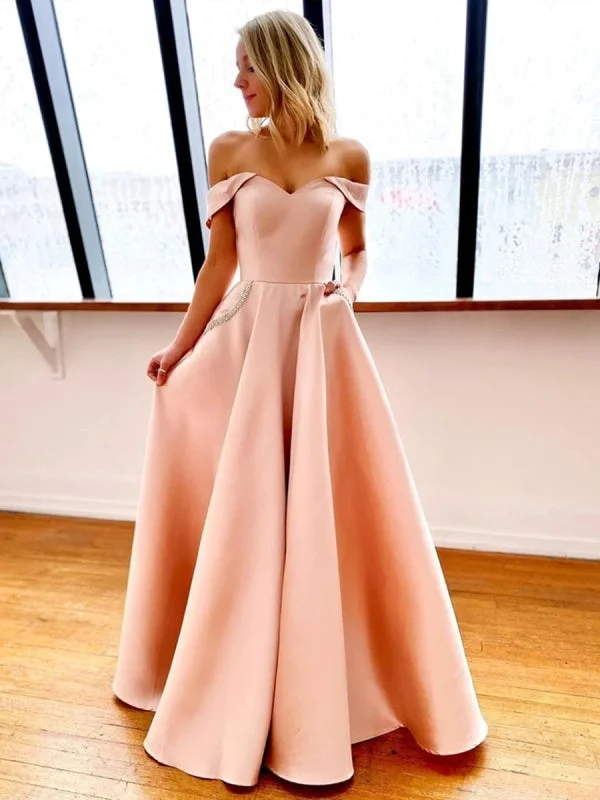 strapless evening dress-Off Shoulder Pink Long Prom with Pocket, Off the Shoulder Pink Formal, Pink Evening