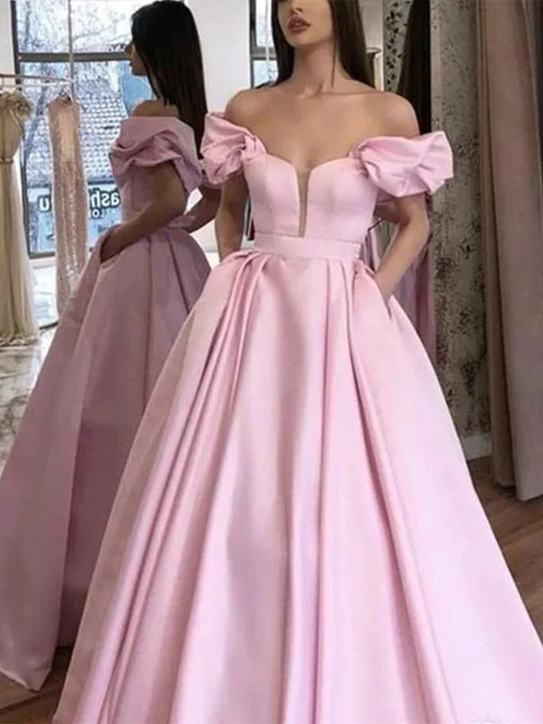 pleated evening gown-Off Shoulder Pink Satin Long Prom Dresses, Off the Shoulder Pink Formal Dresses, Pink Evening Dresses