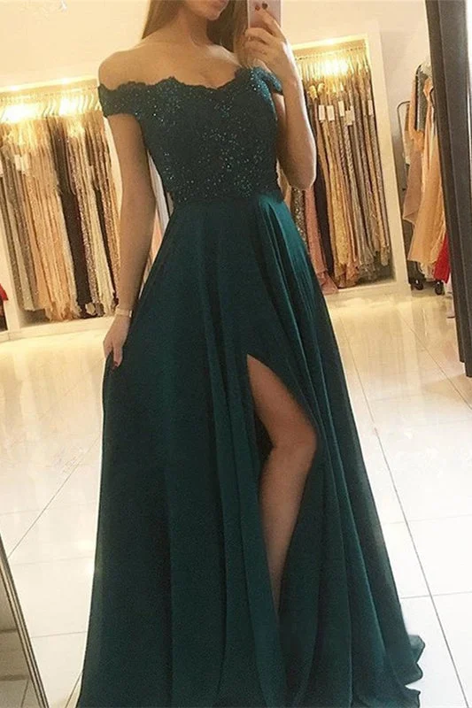 scalloped hem evening gown-Off-Shoulder Prom Gown with a Sultry Split