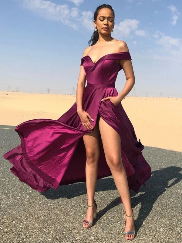 evening dress with ruffles-Off Shoulder Purple Long Prom Dresses with High Slit, Off the Shoulder Purple Formal Graduation Evening Dresses with