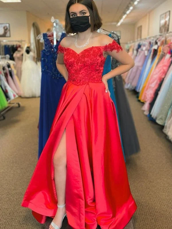 evening dress for prom-Off Shoulder Red Lace Long Prom Dresses with High Slit, Red Lace Formal Dresses, Red Evening Dresses