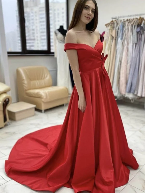 modest evening dress-Off Shoulder Red Satin Long Prom, Off the Shoulder Red Formal, Red Evening