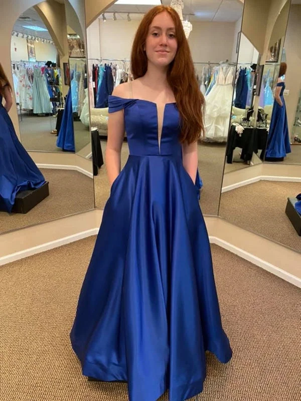 ball gown evening dress-Off Shoulder Royal Blue Satin Long Prom Dresses with Pocket, Long Royal Blue Formal Graduation Evening Dresses