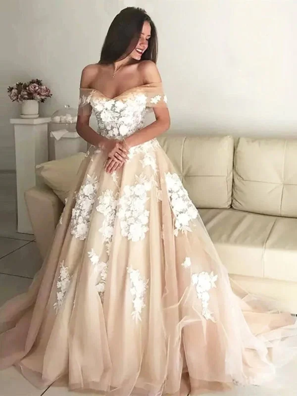 evening gown with crystal embellishments-Off Shoulder White Lace Appliques Champagne Prom Wedding, Off Shoulder Champagne Formal, Champagne Evening