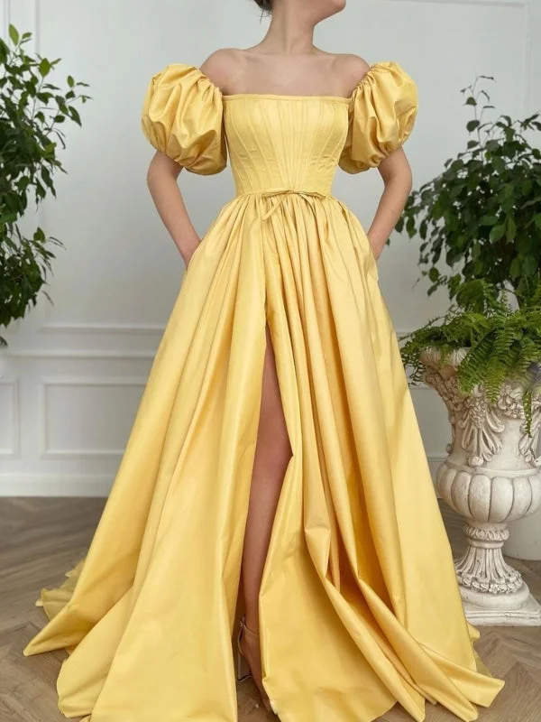 beaded bodice evening gown-Off Shoulder Yellow Satin Long Prom Dresses with High Slit, Off the Shoulder Yellow Formal Evening Dresses