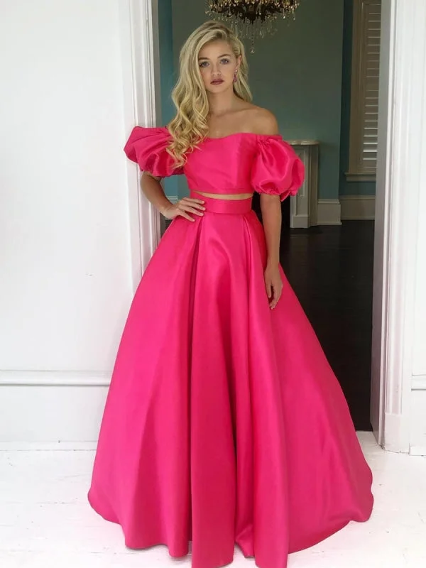 formal evening dress-Off the Shoulder 2 Pieces Hot Pink Long Prom, Off Shoulder Hot Pink Formal, Hot Pink Evening