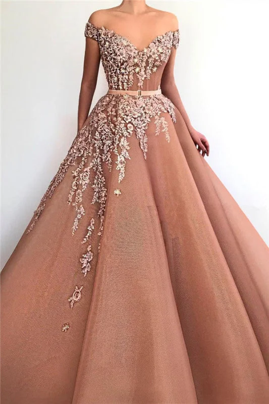 asymmetrical evening gown-Off-The-Shoulder Appliques V-Neck Mermaid Prom Dress With Belt