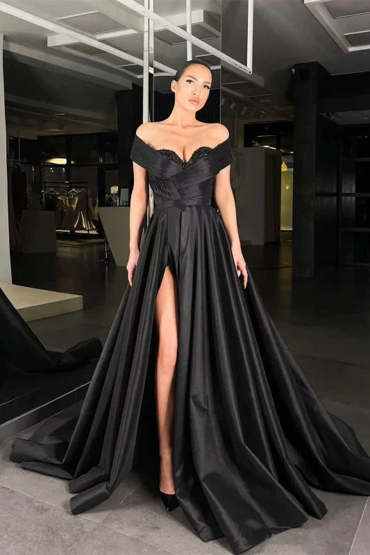 high-low evening gown-Off-the-Shoulder Black Beaded A-Line Prom Dress with Split