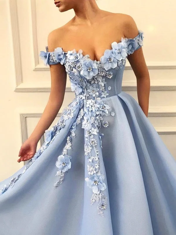 layered evening dress-Off the Shoulder Blue Lace Floral Prom Long, Off Shoulder Blue 3D Flowers Long Formal Evening