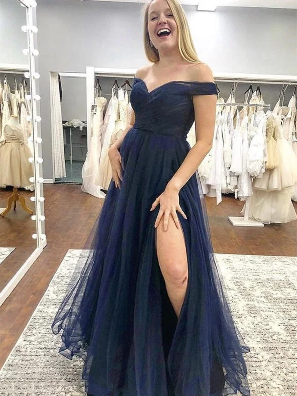 elegant evening dress with sleeves-Off the Shoulder Blue Tulle Long Prom with Slit, Off Shoulder Blue Formal Graduation Evening