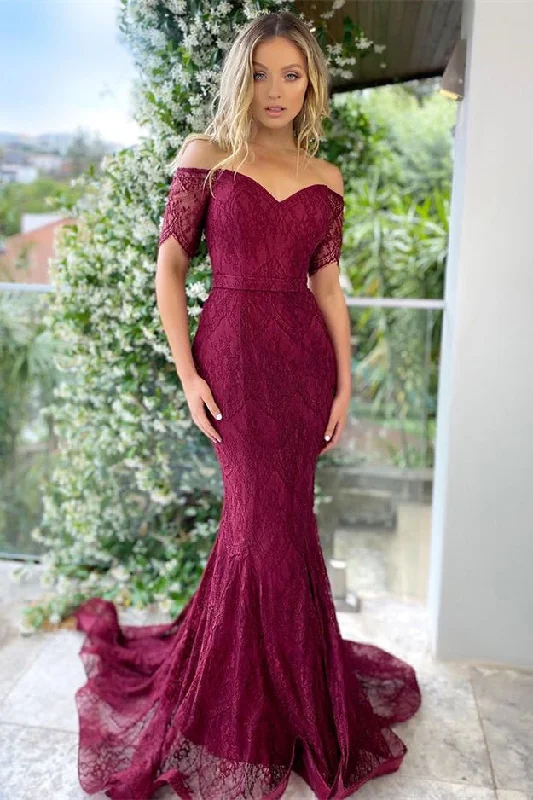 spaghetti strap evening gown-Off-The-Shoulder Burgundy Mermaid Prom Dress with Short Sleeves and Applique