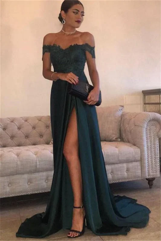 beaded evening dress-Off-the-Shoulder Dark Green Lace Prom Dress