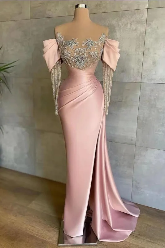 elegant cocktail evening dress-Off-The-Shoulder Front Split Mermaid Long Sleeves Prom Dress in Pink With Beadings and Appliques