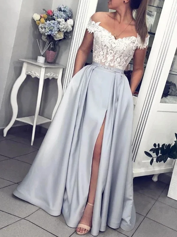 high neck formal evening gown-Off the Shoulder Gray Lace Long Prom, Gray Off Shoulder Lace Formal Evening