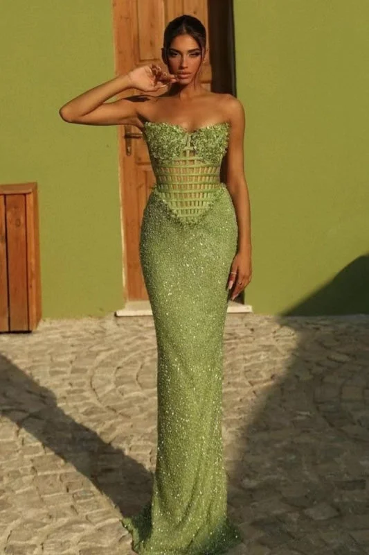 elegant evening dress with sleeves-Off-the-shoulder Green Long Mermaid Prom Dress with Beadings