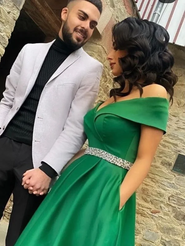 classic black evening gown-Off the Shoulder Green Satin Long Prom Dresses with Belt, Off Shoulder Green Formal Graduation Evening Dresses